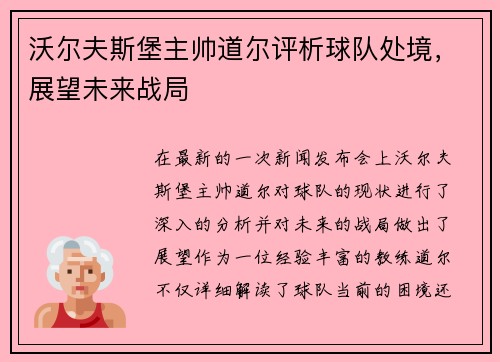 沃尔夫斯堡主帅道尔评析球队处境，展望未来战局